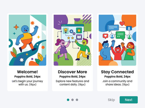 Mobile app onboarding screens. UI UX design for welcome, discovery and social connection.