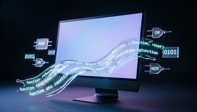 3D isometric render of a computer monitor with blank screen mockup, glowing code stream, binary numbers, and glass logic gates AND OR NOT floating in dark blue background