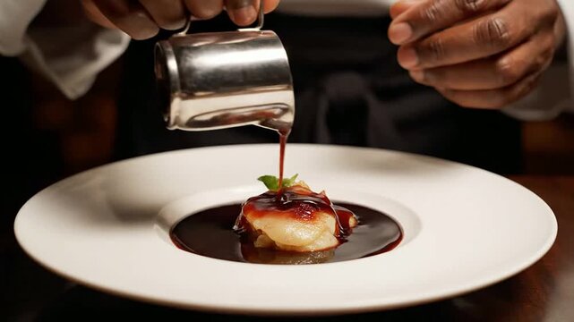 Close Up Of Chef Hands Pouring Rich Sauce Around A Plated Culinary Dish For Gourmet Presentation