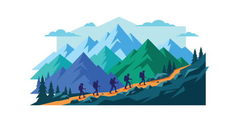 Obraz premium Hikers Trekking in Mountains Vector Illustration