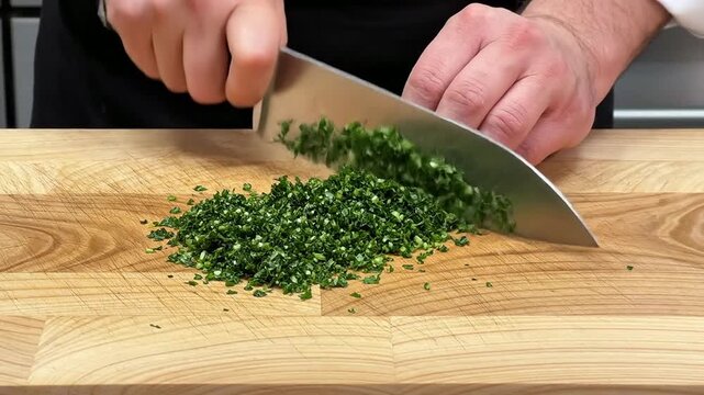 Close-Up Of Chef Hands Skillfully Chopping Fresh Herbs With A Chef Knife On A Wooden Cutting Board In A Professional Kitchen
