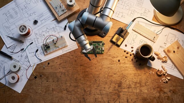 Top down flat lay of a creative electronics engineering workbench with a desktop robotic arm cobot