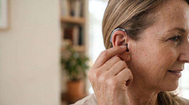 Side profile close up of a woman adjusting a modern discreet BTE hearing aid behind her ear