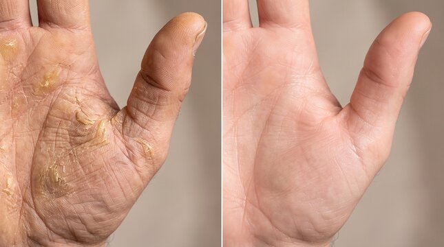 Before and after rough palm skin callus to soft moisturized hand