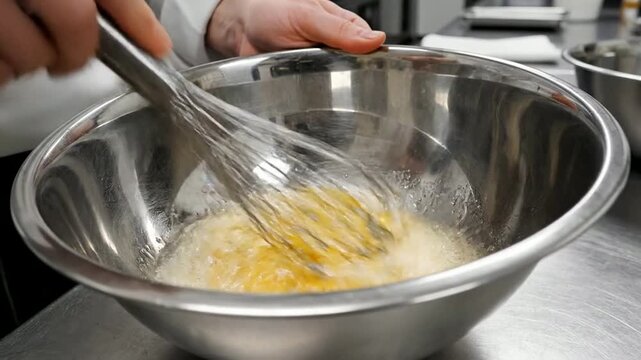 Close Up Of Chef Hands Whisking Fresh Eggs In A Shiny Metal Bowl For Culinary Arts And Cooking Techniques In A Professional Kitchen Environment