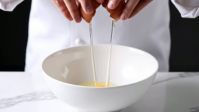 Close-Up Of Chef's Hands Cracking A Fresh Egg Into A White Mixing Bowl For Culinary Preparation In Studio