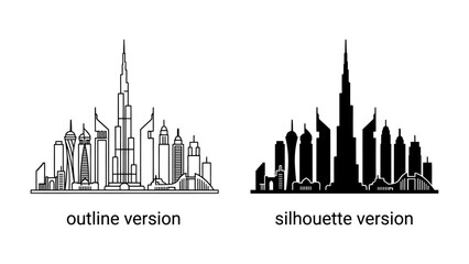 Modern City Skyline: A striking graphic presents two distinct views of a futuristic cityscape, one as a clean outline and the other as a bold black silhouette. © Tahura