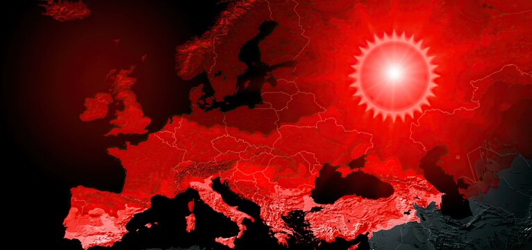 A map of Europe highlights intense heatwave zones with bright red colors and a glowing sun symbol for climate awareness.