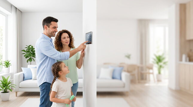 Family adjusting smart thermostat for optimal home comfort