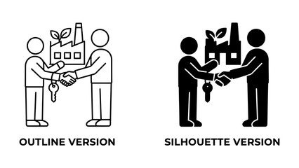 Naklejka premium Business Deal Icons: Two stick figures, one in outline and one in silhouette, shake hands in front of a factory icon, symbolizing a business deal, partnership, or agreement. Each holds a key.
