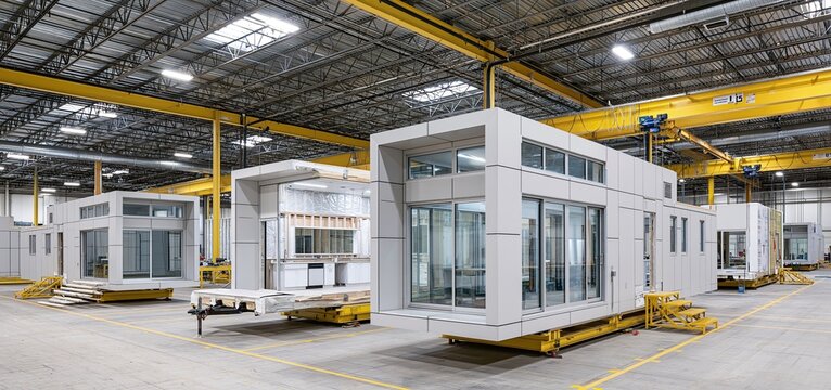Prefab tiny homes in a spacious industrial warehouse highlighting streamlined, modern urban housing production.