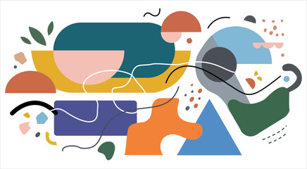 Fototapeta premium Modern abstract collage composition featuring colorful geometric shapes, organic forms, flowing lines, and playful doodles on a white background
