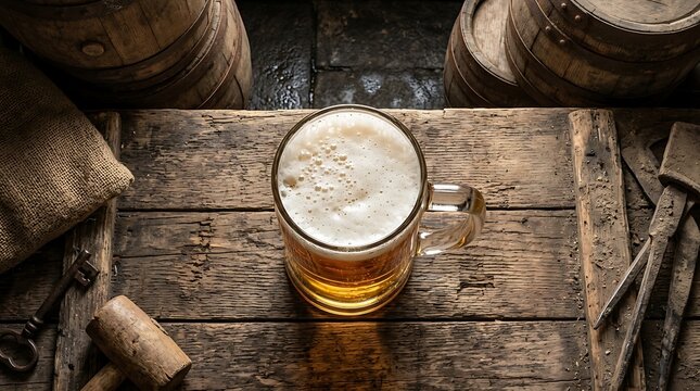 Fresh beer mug on a rustic wooden table with barrels and vintage tools