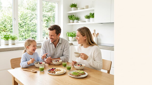 Healthy family breakfast with fresh fruits and whole grain toast