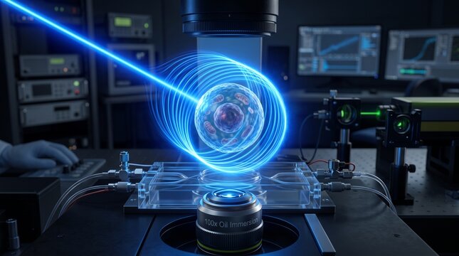 Advanced laser microscope scanning living cells in 3D rotation. High-tech biomedical research with glowing blue digital visualization.