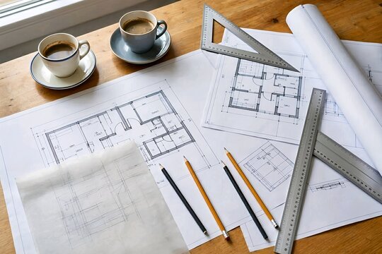 Top view of an architect's hands drafting house floor plans with a pencil, set square rulers, and coffee cups on a rustic wooden desk
