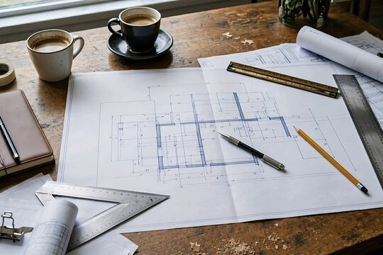 Top view of an architect's hands drafting house floor plans with a pencil, set square rulers, and coffee cups on a rustic wooden desk