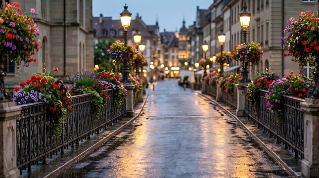 Charming european bridge with blooming flowers and glowing streetlamps