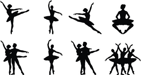 Set of graceful ballerina and male ballet dancer silhouettes in classical dance poses © Hello World