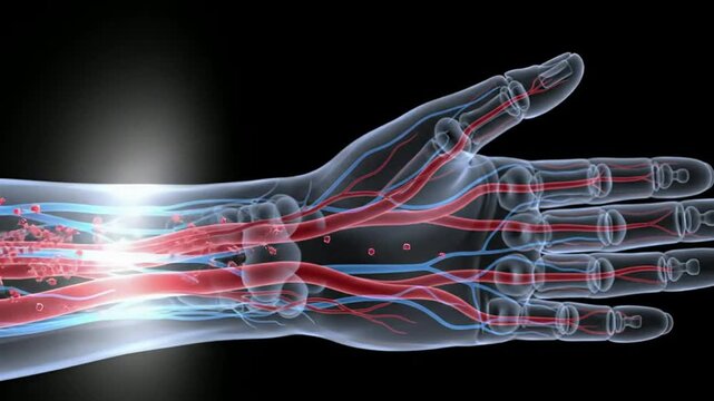 Close-Up Transparent Human Hand And Forearm Illustrating Vascular Anatomy With Blood Vessels On Black Background