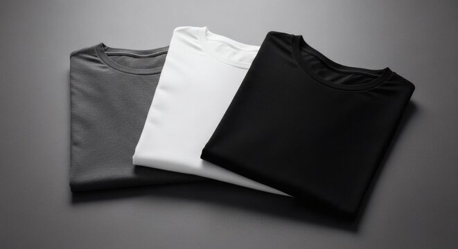 Essential collection of folded short sleeve crew neck shirts in black white and grey shades These comfortable garments provide versatile apparel options for customizable branding and diverse