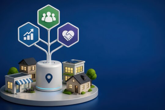 Real estate neighborhood growth concept with homes business and community icons