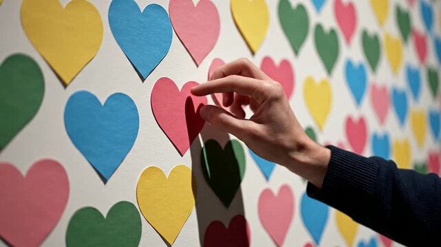 Close-Up View Of A Hand Placing A Blank Pink Heart On A Colorful Tribute Wall With Various Colored Heart Shapes For Emotional Expression