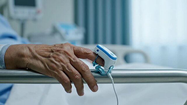 Close-Up View Of A Hospital Patient's Hand Resting On A Bed Rail With A Pulse Oximeter Monitoring Health
