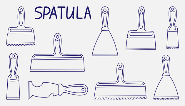 A set of construction spatulas. Hand drawn vector doodle. Tool for applying putty to a wall. Handyman service. Repair, renovation. Line art illustration. Graphic.