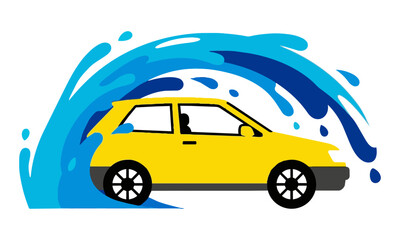 Obraz premium Minimalist yellow hatchback car driving through a blue water splash on a white background. Car wash concept