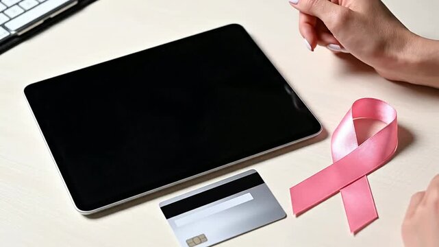 Donation Platform Mockup Showing A Hand Hovering Over A Tablet For Charity Support Near A Credit Card And Pink Ribbon