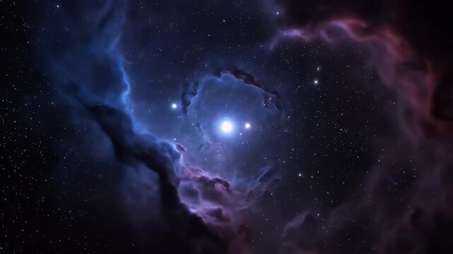 Deep space cosmic nebula with glowing bright binary stars and dust clouds