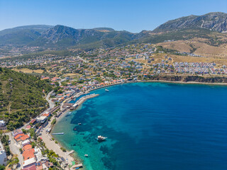 Fototapeta premium Karaburun Center and İskele Neighborhood with Offshore Islands, Izmir, Turkey
