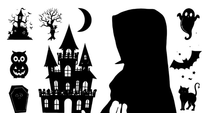 A flat, cartoon-style vector illustration of a collection of fifteen whimsical and playful Halloween character silhouettes arranged across a solid white background. The collection features cute and fr