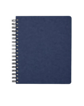 Plain navy blue spiral bound notebook on a white background
