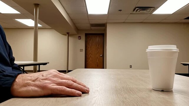 First-Person POV of a Hand Reaching for a Takeout Coffee Cup on a Wooden Table in a Quiet Indoor Setting