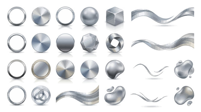 Collection of metallic spheres rings and abstract shapes.