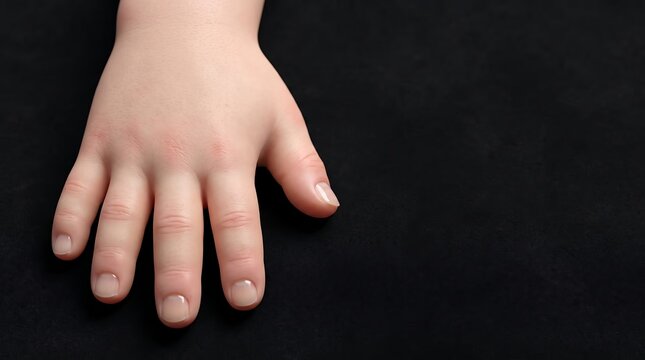 Closeup of a childs hand on a black background