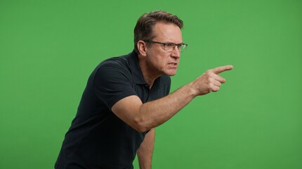 Fototapeta premium Angry mature man in glasses bending forward and pointing his finger aggressively to accuse or give orders, isolated on a green screen backdrop for dramatic scenes and conflict-themed concepts.