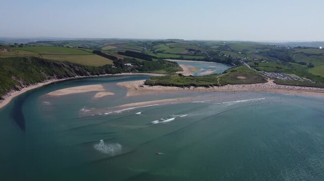 Aerial drone view of Bantham Beach and coastline, South Devon, England