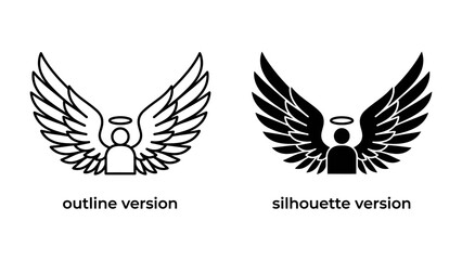 Fototapeta premium Angel Icons: A clear comparison showcasing two stylized angel icons, one as an outline and the other as a solid silhouette, both featuring prominent wings and a halo.