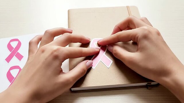 Hands Applying Pink Awareness Sticker On Notebook Surface For Breast Cancer Awareness Campaign Mockup Scene