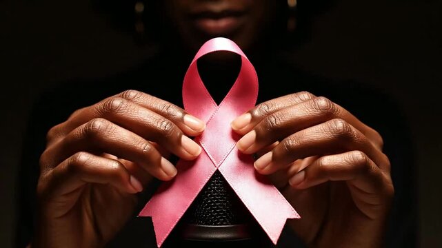 Hands Holding A Pink Satin Ribbon Symbolizing Breast Cancer Awareness Against A Dark Studio Background