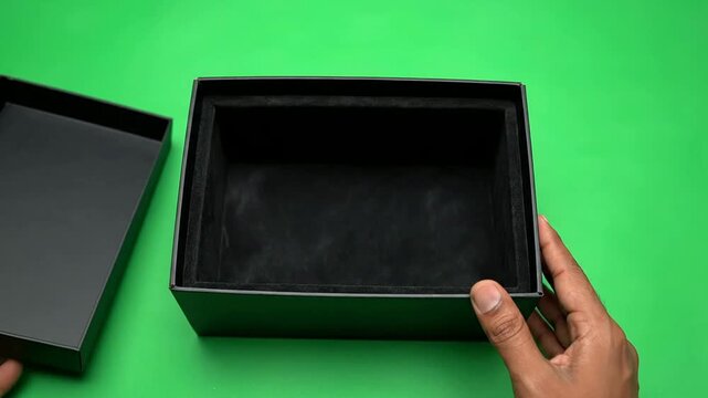 Hands Reveal Premium Product Box Against Vibrant Green Screen In Close-Up Slow Motion Showcase For Promotional Content