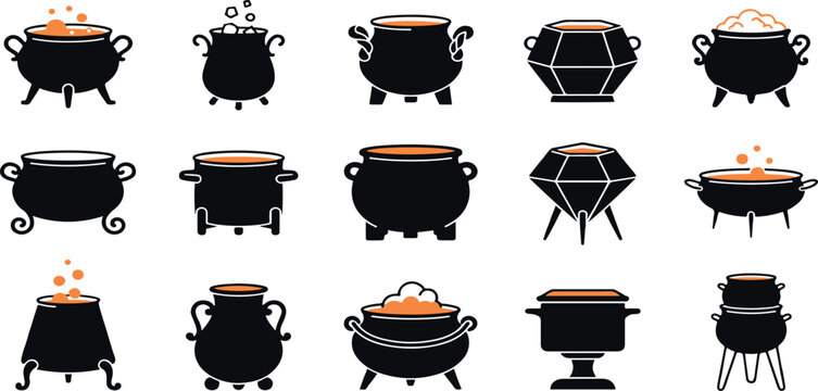 Collection of various black silhouette icons representing traditional cast iron cauldrons and witch pots for halloween designs