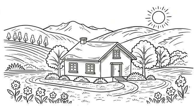 Hand drawn coloring page of a house in a mountain landscape