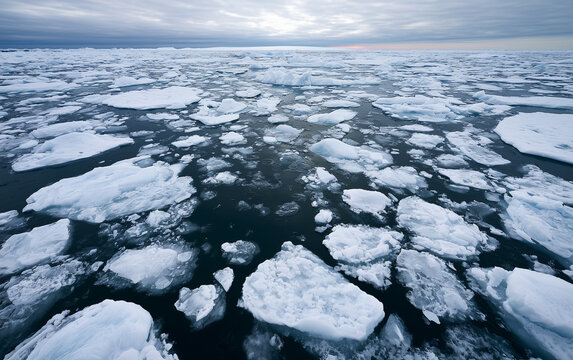 Expansive Arctic Ocean Frozen Landscape with Floating Ice Floes Under a Moody Sky