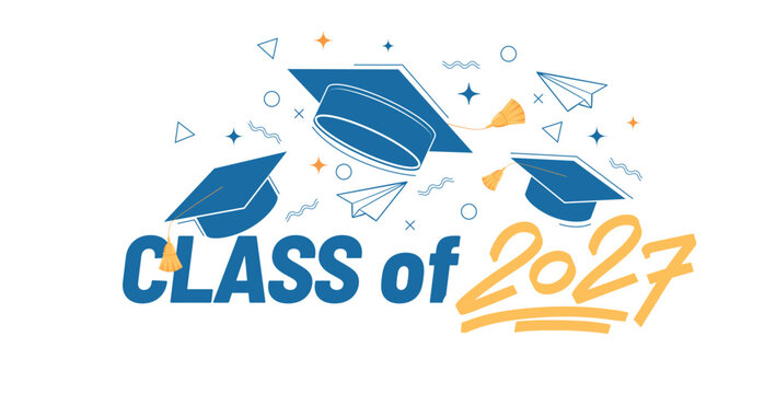 Class of 2027 typography with graduation caps, paper airplanes and confetti. Modern graduation celebration vector illustration. Perfect for graduation party invitations, apparel, posters and celebrati