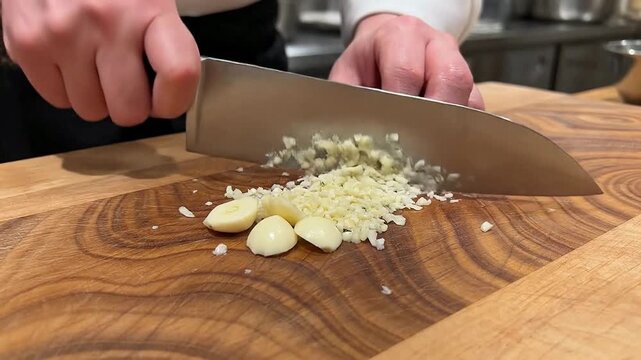 Macro Close-Up of Chef?s Hands Mincing Garlic Cloves with a Sharp Knife on a Wooden Cutting Board in a Professional Kitchen Setting