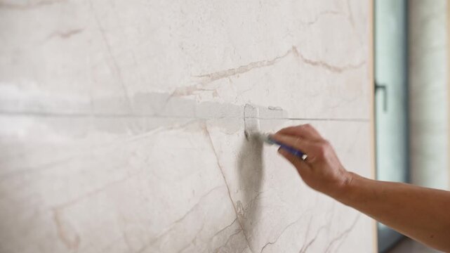 Closeup of hand using grout float to fill gaps between white marble effect tiles. Soft natural lighting highlights texture beige veining
